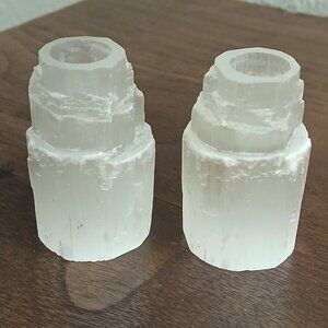 2 selenite candle holders 2 3/4 inches tall